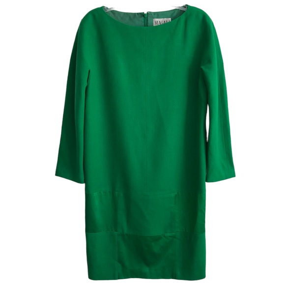 90s Magali Collection Kelly Green Wool Satin Long Sleeve Sheath Dress 10 EPC - Picture 1 of 6
